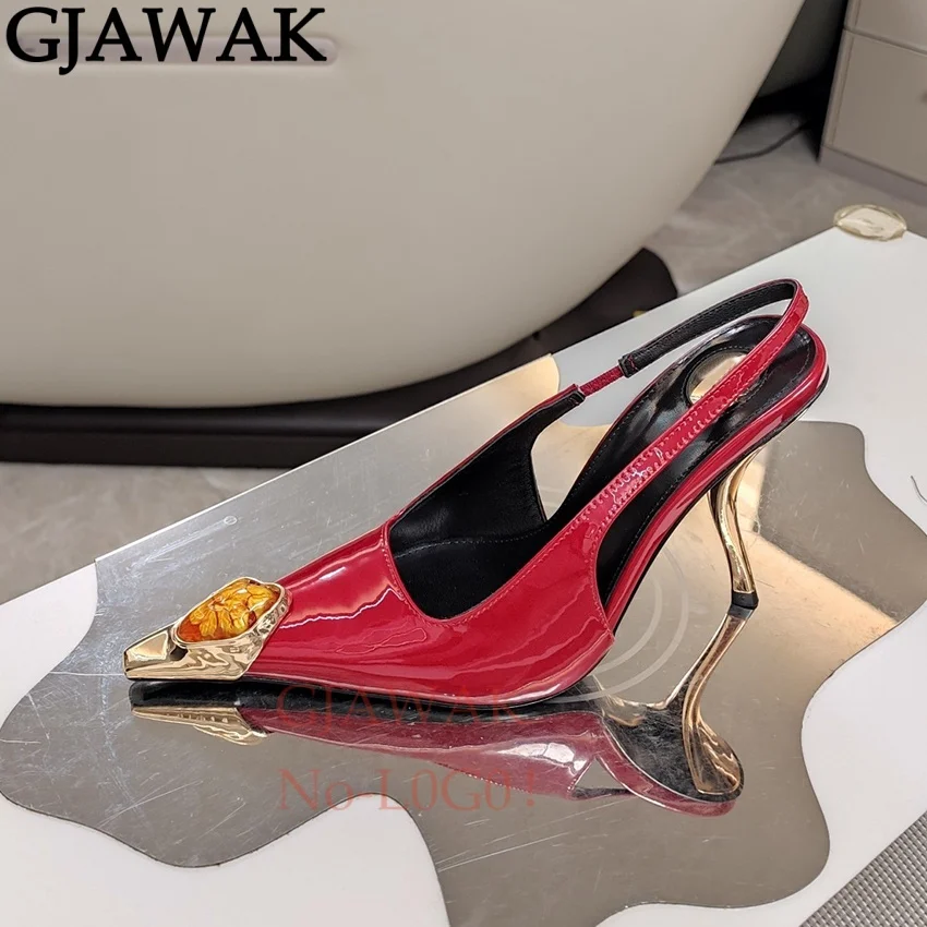 Summer Gemstone Studded Thin Heel Pumps Women Slingback Pearl Leather Modern Sandals Point Toe Party Dress Shoes For Woman