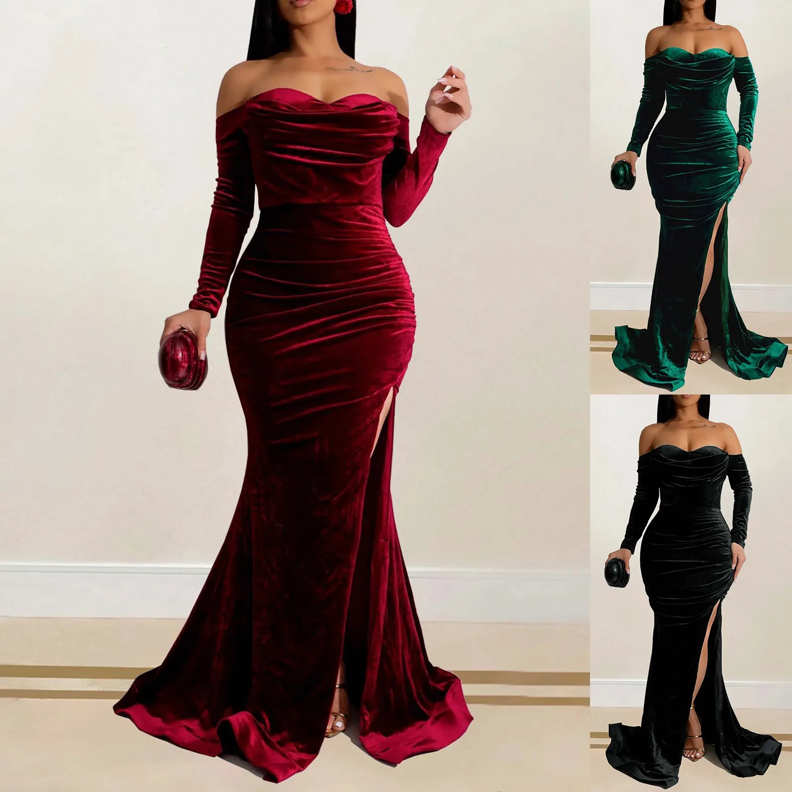 

Women's Skinny Velvet Elegant Party Dresses For Women Vestidos New Year Gowns Chic Off Shoulder High Slit Long Dresses 2025