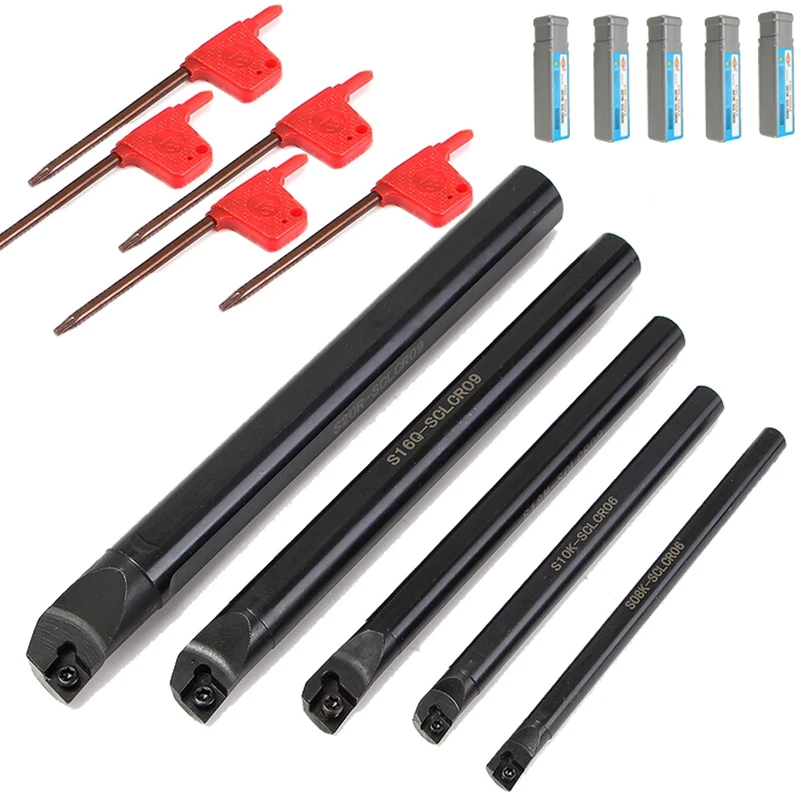 5Pcs S08K/S10K-Sclcr06 Boring Bar Lathe Turning Holder Set S12M/S16Q/S20R-Sclcr09 Turning Tool Machine Tool Kit And T8/T15 Wrenc