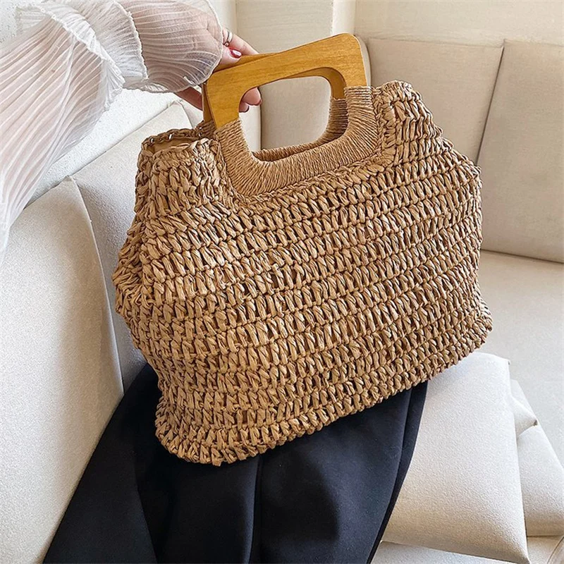 Fashion Straw Handbag Women Large Capacity Handle Bag Summer Handmade Woven Totes Vacation Beach Bag Travel Lady Bags