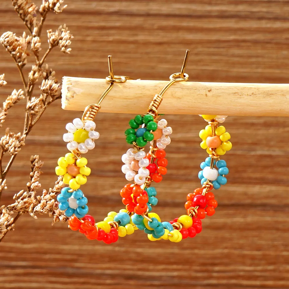 Rice bead earrings Circle Flowers Design Originality Hand knitting Bohemia Alloy Fashion Simple Beaded earrings