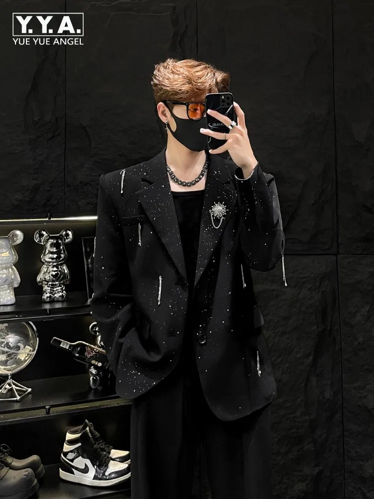 

Designer Mens Black Hanging Chain Decorative Suit Jacket Single Breasted Loose Shiny Sequined Blazers Casual Outerwear Male
