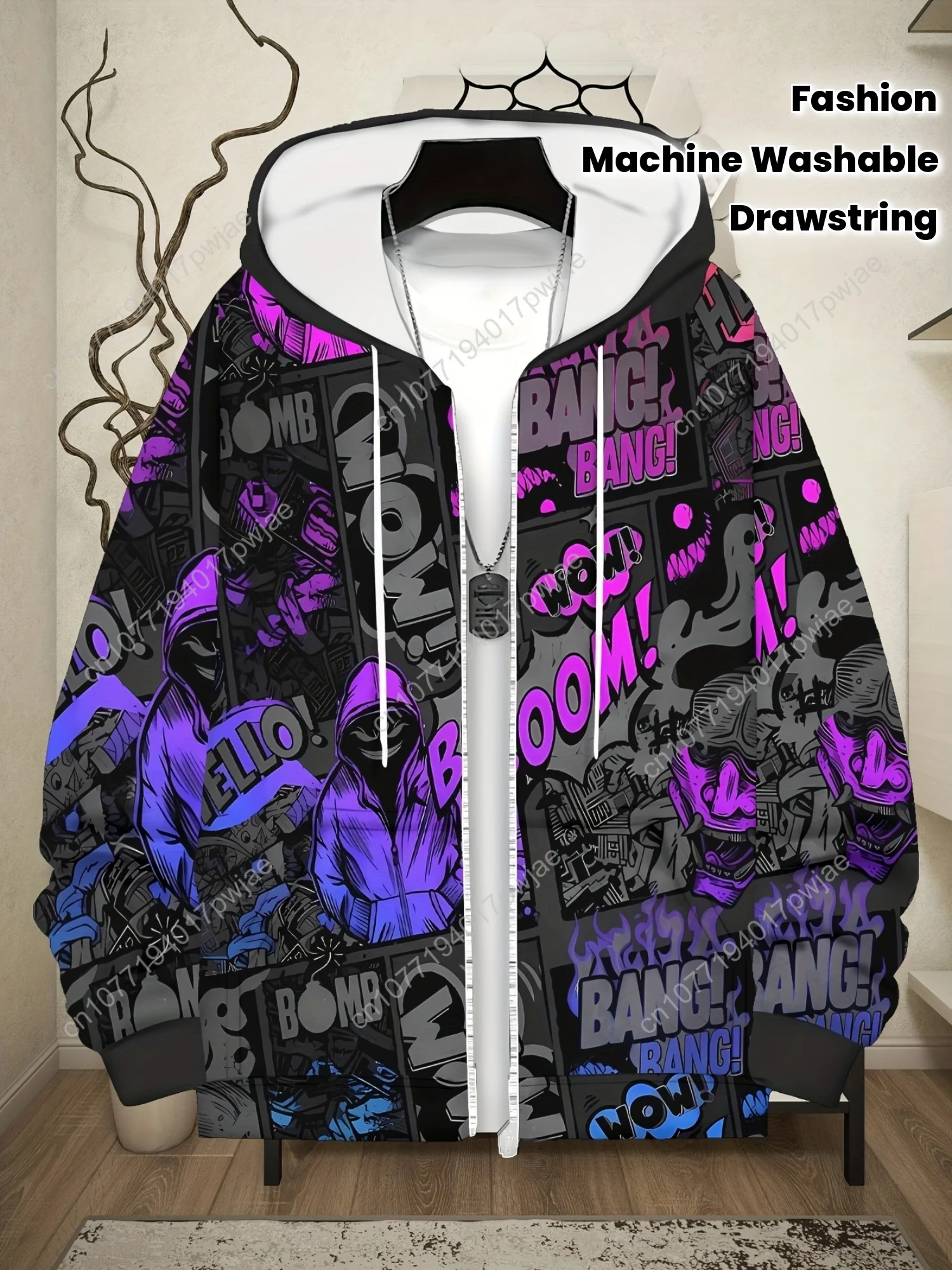 Felpa con cappuccio zip con stampa geometrica da uomo - Giacca streetwear a maniche lunghe con cappuccio e tasche con coulisse, viola vibrante e nero Art D