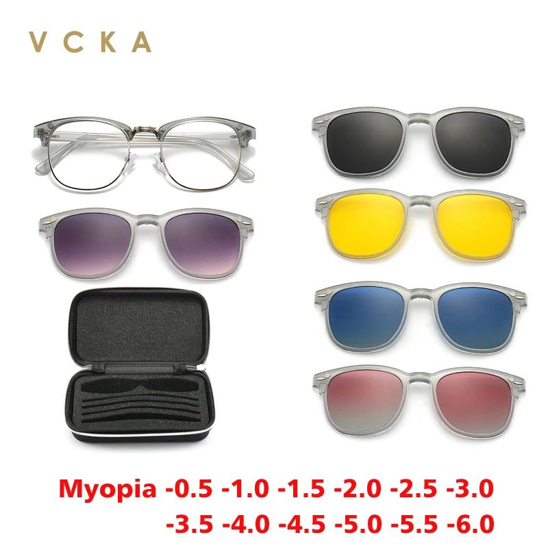 

VCKA 6 In 1 Myopia Polarized Sunglasses Men Women Clip Magnet Transparent Tea Frame Glasses Custom Optical Eyewear -0.5 to-10