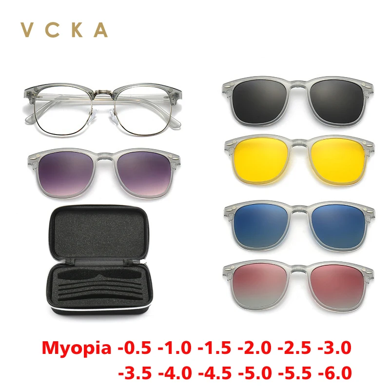 VCKA 6 In 1 Myopia Polarized Sunglasses Men Women Clip Magnet Transparent Tea Frame Glasses Custom Optical Eyewear -0.5 to-10