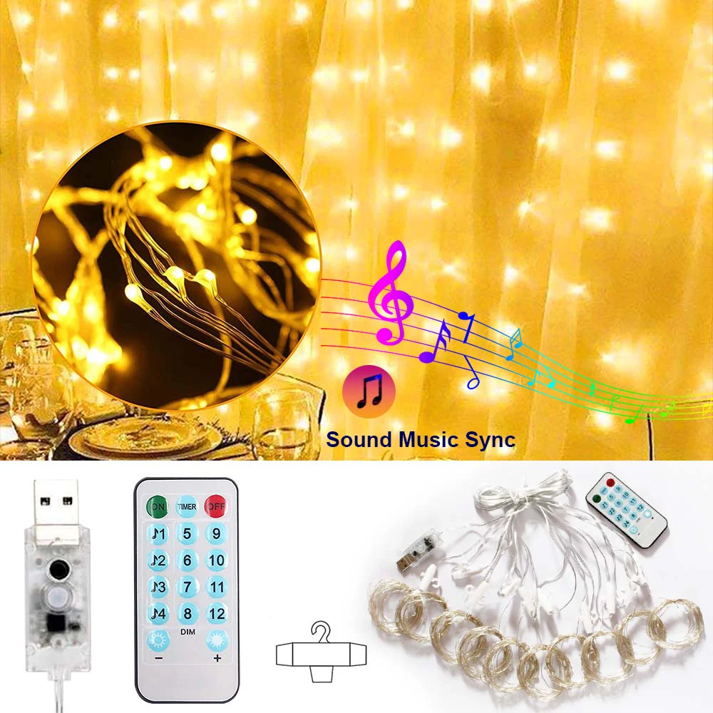 Music 3M USB LED Curtain Festoon Light Garland Remote Control 8Modes Timer 2022 Christmas String Lights New Year Decoration IP65