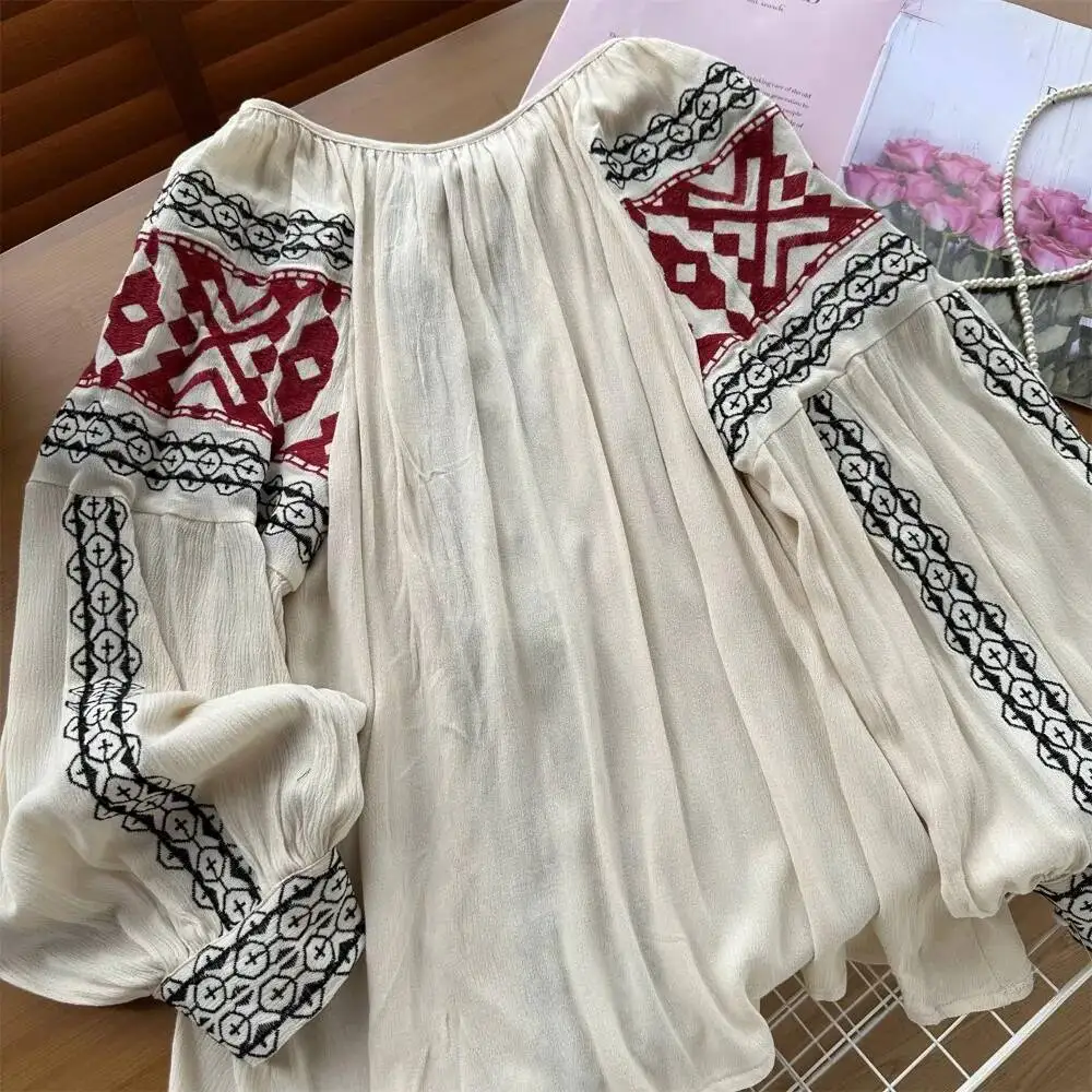 Babyoung casual o pescoço lanterna manga pesada colheita topo all-match vintage rendas até camisa bordado solto nova moda fresco blusas