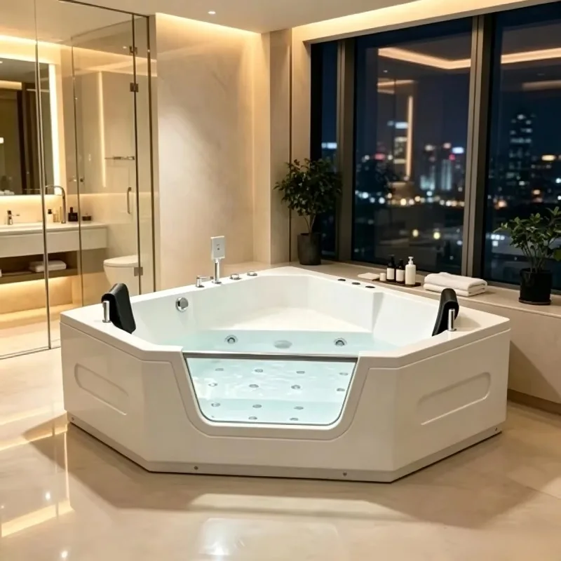 Modern 2 Person Diamond Corner Acrylic Massage Bathtub With 14 Jets Waterfall LED Air Therapy For Hotel Indoor 150x150x60 CM