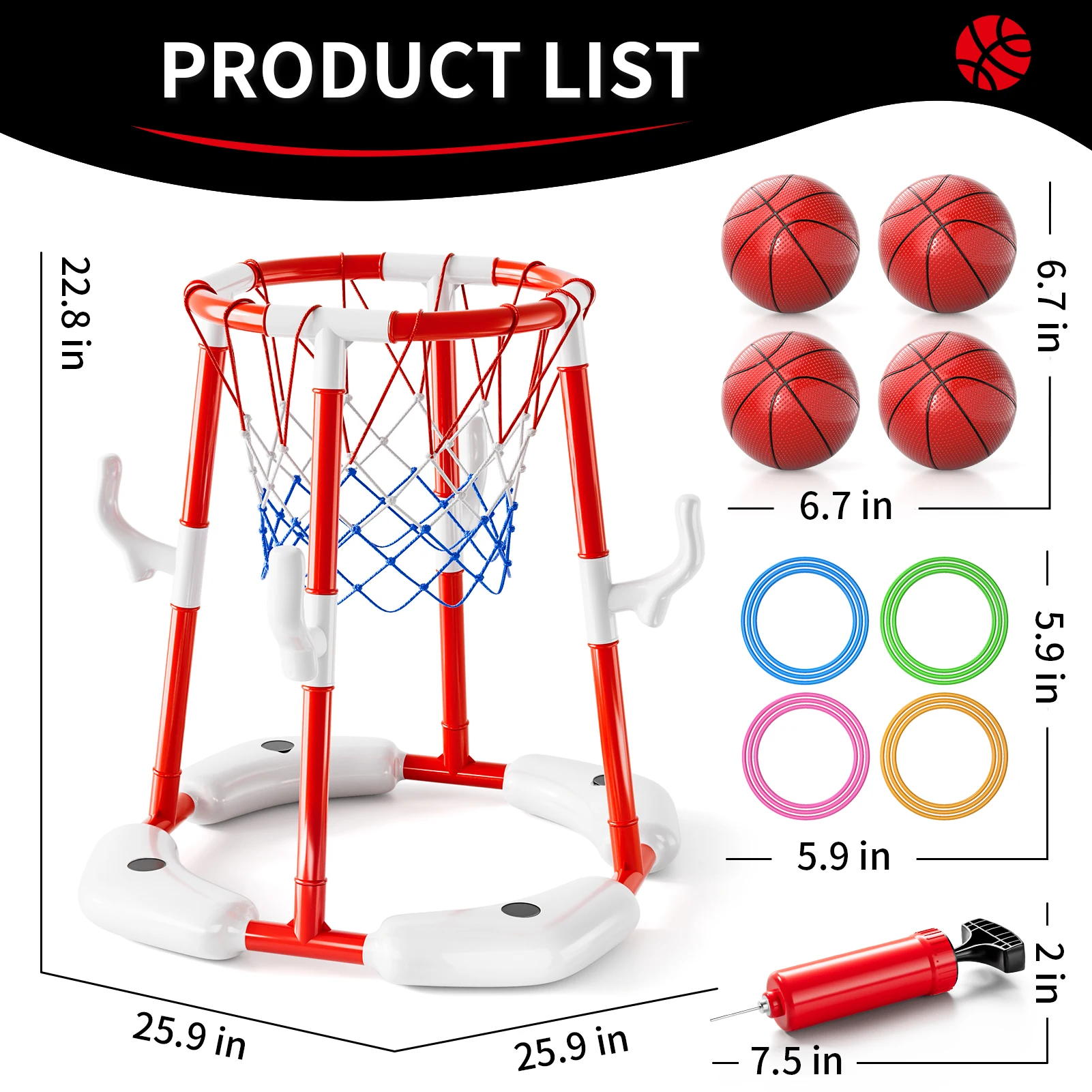 Jouets de cerceau de basket-ball de piscine d'été, jeu de piscine de basket-ball flottant, jouets de flotteurs de natation avec 4 balles, jouets de jeu d'eau intérieure et extérieure