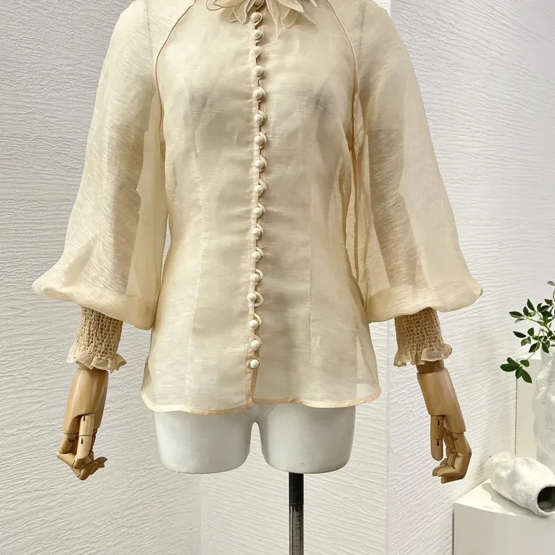 Chemisier femme australie Design de luxe élégant Beige manches longues fleurs appliquées voir à travers les hauts