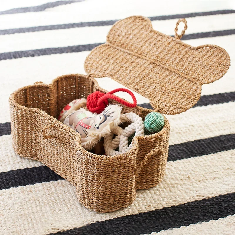 

Nordic style new handmade straw bone shape storage basket sundries toy storage box bedroom rattan storage basket