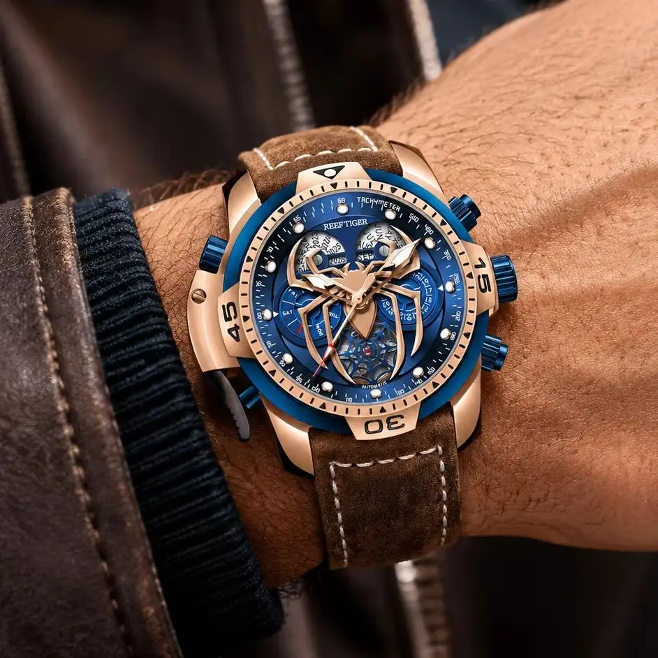 Reef Tiger Men's Automatic Watch Spider Skeleton Dial Year Month Perpetual Calendar Leather Strap Sport Mechanical Wristwatch