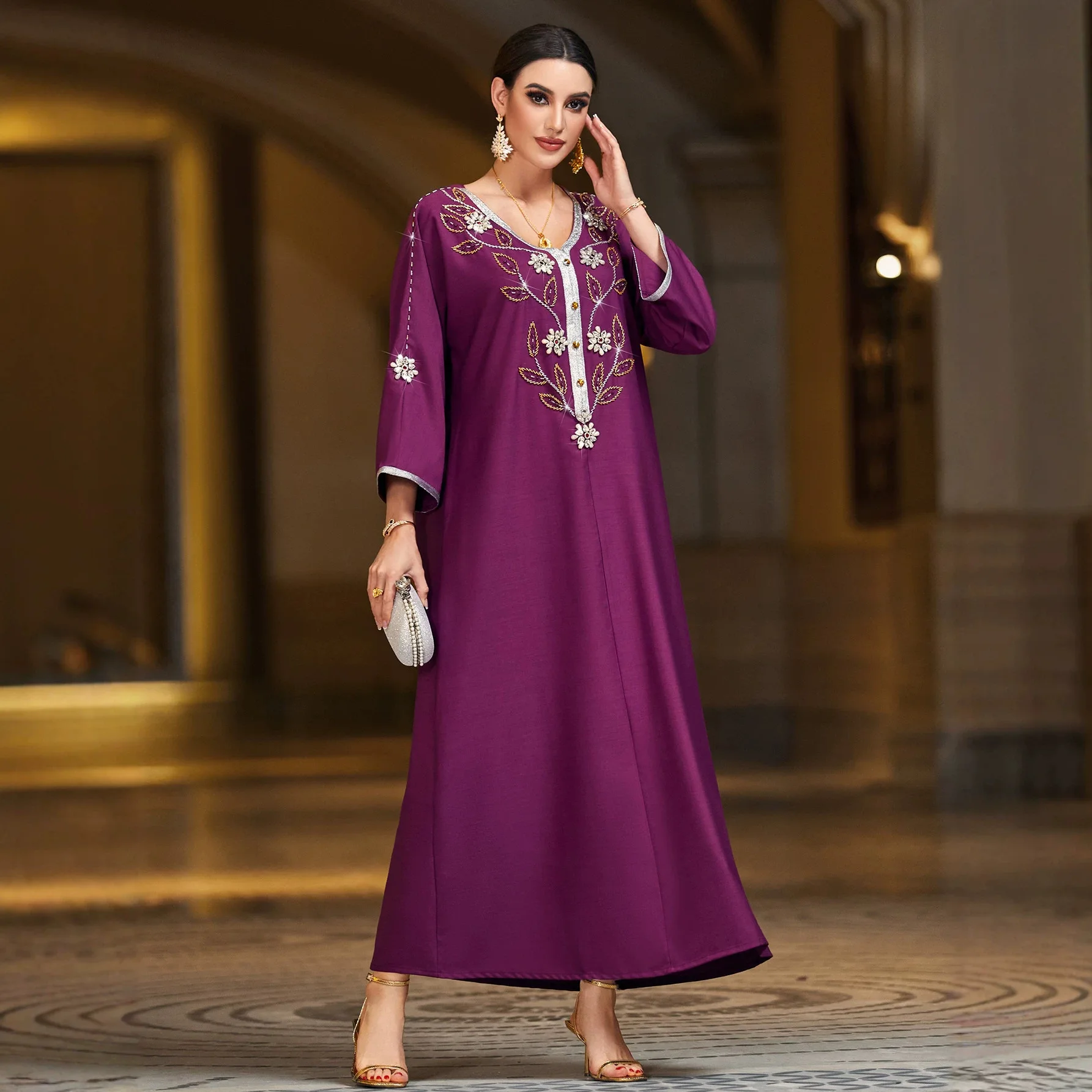 

Purple Plus Size Loose Gown Embroidery Rhinestone V Neck Flare Sleeve Abaya Women Dress For Wedding Party Dinner Festival Event