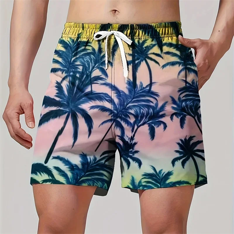 Cartoon Animals Plants 3D Print Short Pants For Men Gradient Palm Tree Pattern Swim Trunks Summer Hawaiian Cool Beach Shorts