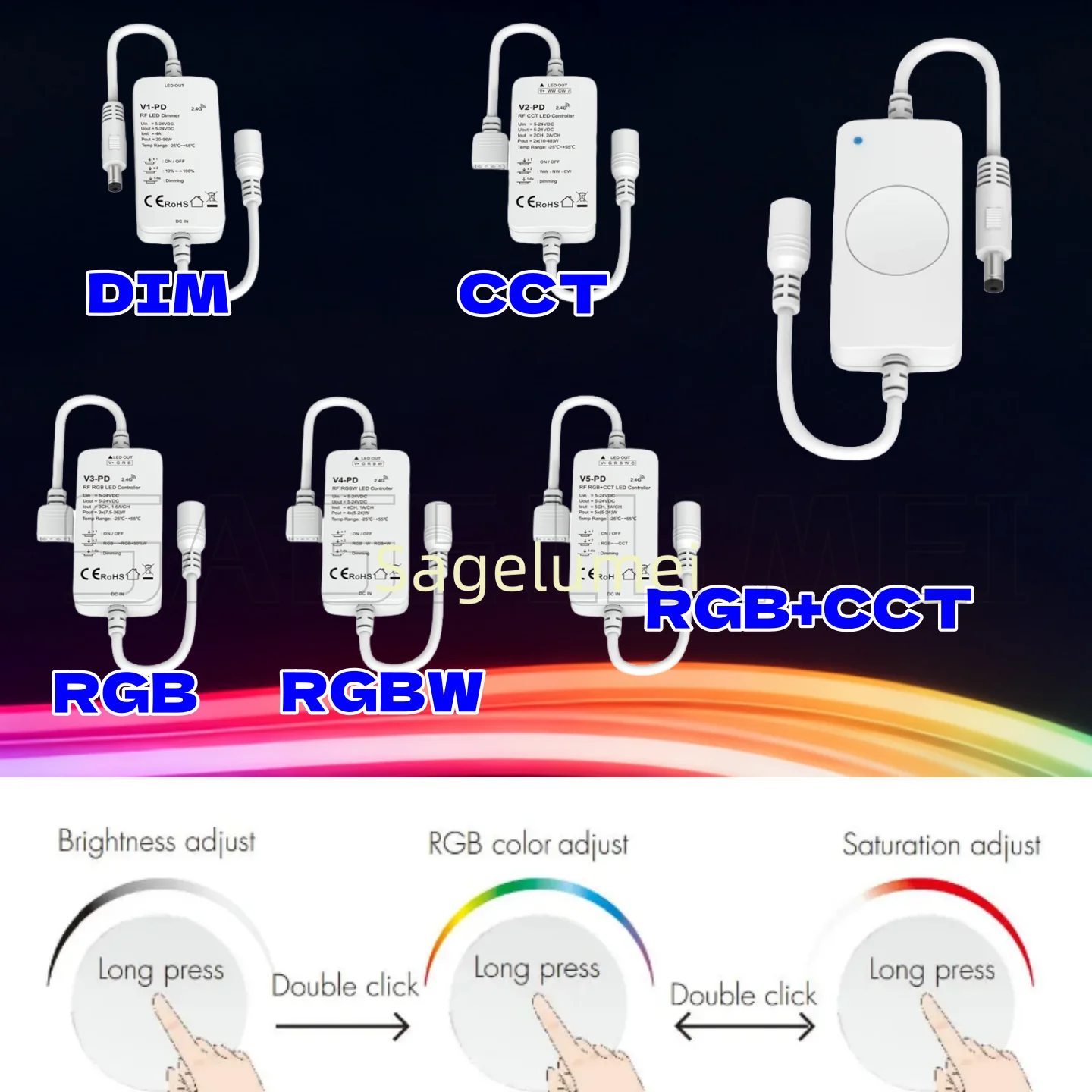 

1-кнопочный контроллер CV 5–24 В постоянного тока V1-PD/V2-PD/V3-PD/V5-PD/V4-PD 2,4 ГГц RF светодиодный диммер/контроллер CCT/RGB работает со светодиодным индикатором