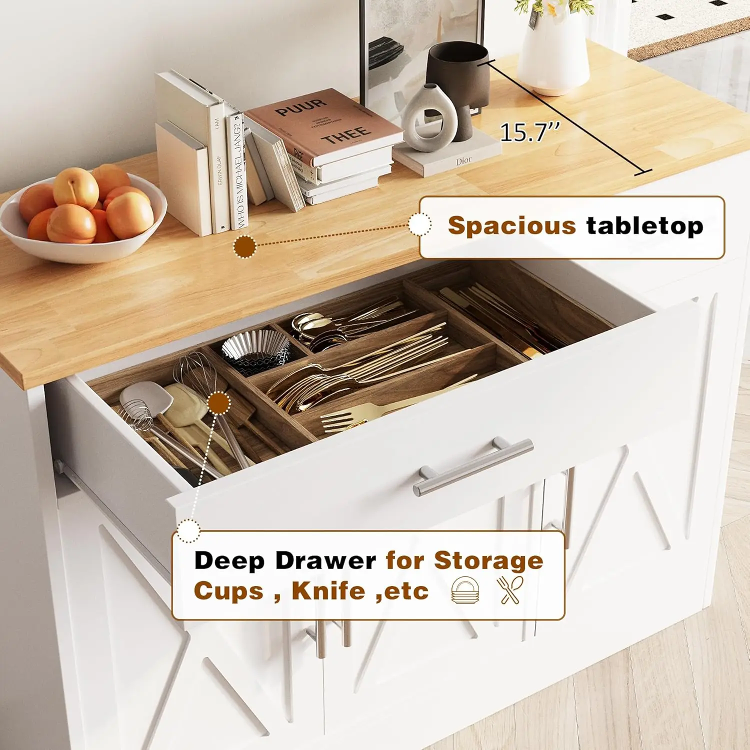 خزانة بوفيه جانبية مقاس 43 بوصة قابلة للتخصيص مع مساحة تخزين، وبار قهوة المزرعة مع أدراج ورفوف