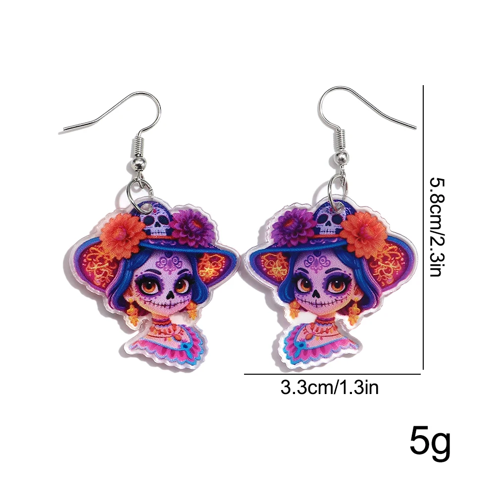 Creative Acrylic Skeleton Ladies with Flower Hat Drop Earrings Ghost Bridal Cartoon Dangle Earrings Halloween Party Jewelry Gift