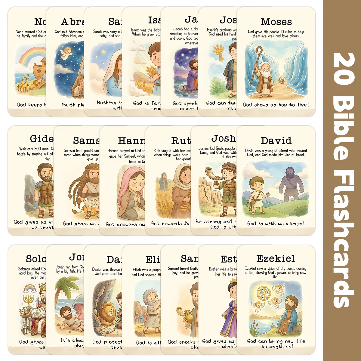 20 Stück Bibelgeschichten-Charakterkarten, christliche Schrift-Gedächtniskarten, Lernwerkzeuge für die Sonntagsschule, Gebetsgrußkarten als Geschenke