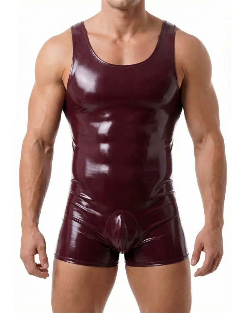 Men's Double Side Wear Bodysuit Tops PVC Shiny Cloth Latex Nightclub Tights U Bulge Pouch Crotch Zipper Man Maid Leotard Vest