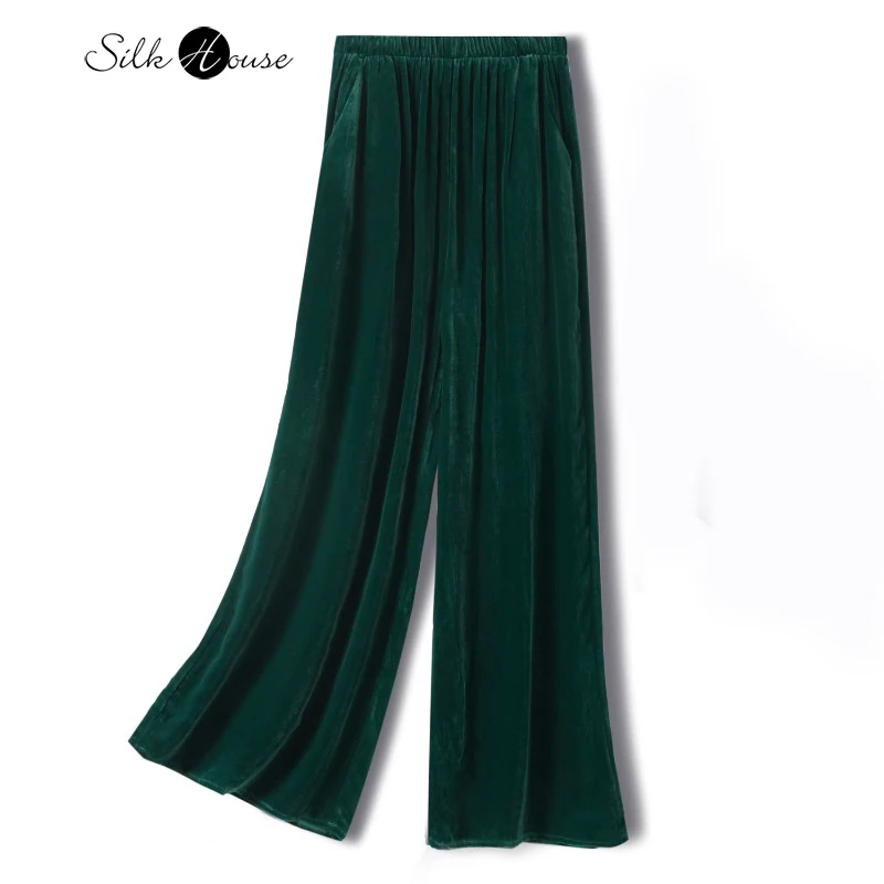 

2024 Women's Fashion Autumn/Winter New 30% Natural Mulberry Silk Velvet Loose Drop Feel Dark Green Solid Color Wide Leg Pants