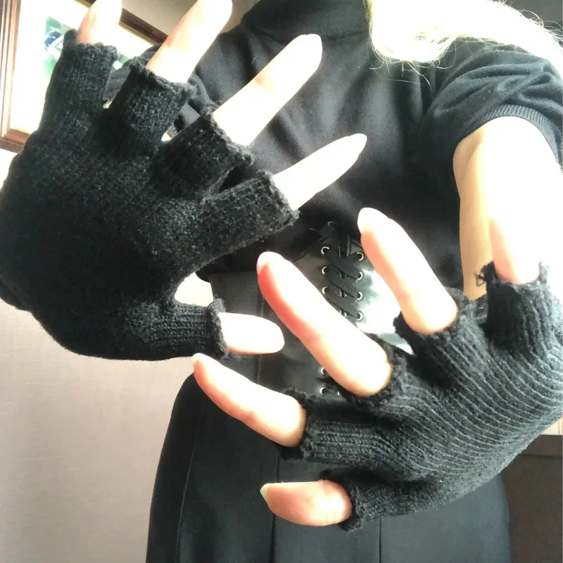 Black Winter Warm Knitted Wool Gloves Half Finger Pure Black Mitts Unisex Cozy Warm Mitts for Men And Women image 5