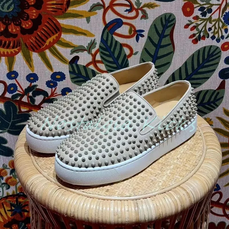 Summer Black Flat Cow Leather Spiked Loafers Slip On Anti-Slip Men's Casual Shoes Trendy Full Rivet Comfortable Sneakers