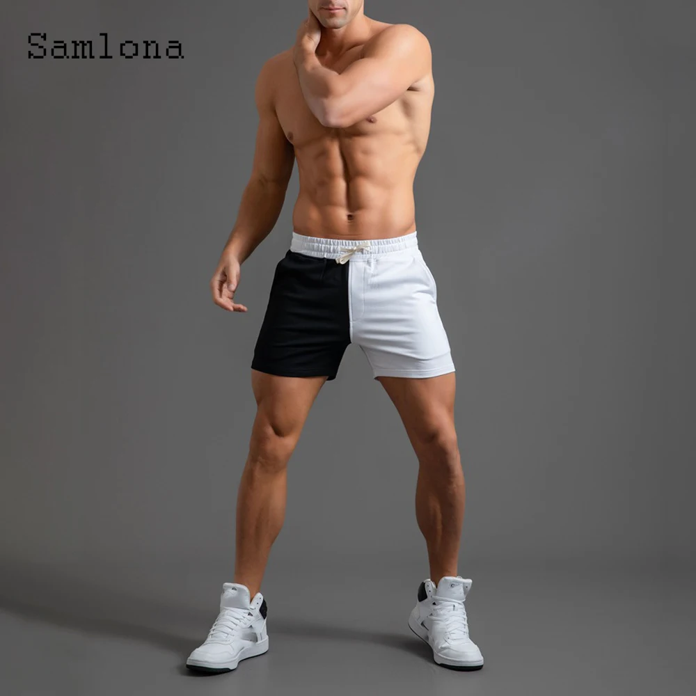 Samlona Plus Size 4xl Men Sexy Elastic Wiast Shorts 2022 New Patchwork Stand Pockets Shorts Male Casual Beach Short Pants Homme