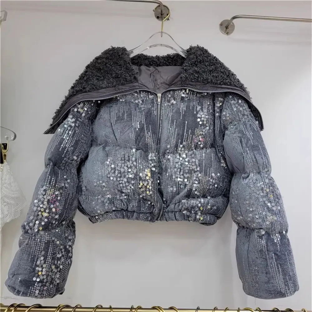 2023 Winter New Fashion Sailor Collar Sequins Decoration Velvet Short Cotton Coat Women Thickened Warm Padded Jacket Y4694