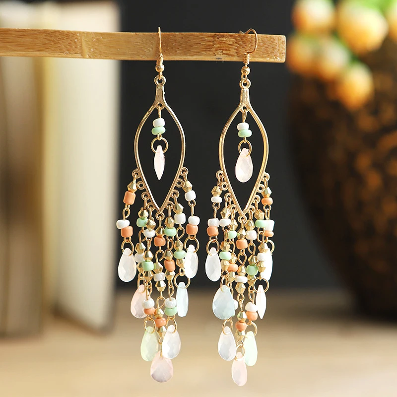 Ethnische Lange Acryl Wasser Tropfen Ohrringe für Frauen Retro Boho Gold Farbe Hohl Quaste Ohrringe Bijoux Femme Zubehör – Detail 4