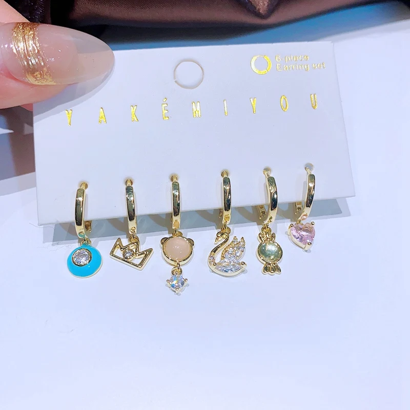 MIGGA 6pcs Multicolor Cubic Zircon Cartoon Dangle Earrings Set Gold Color Plated Women Party Jewelry