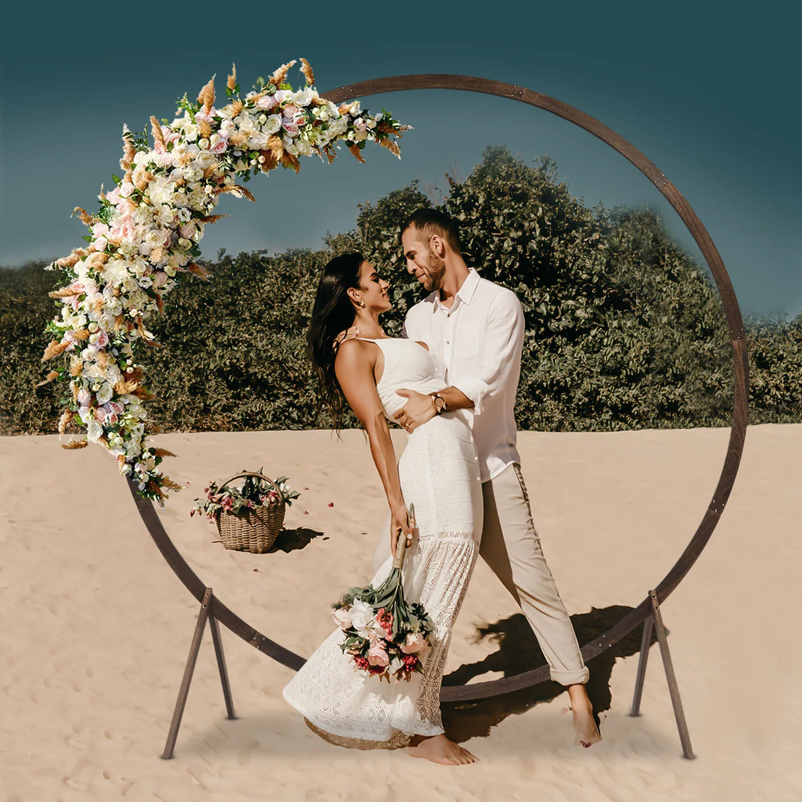 

7.2FT Round Wedding Arch Backdrop Stand, Rustic Wedding Arches for Ceremony, Elegant Wooden Arch for Outdoor Lawn Wedding Party