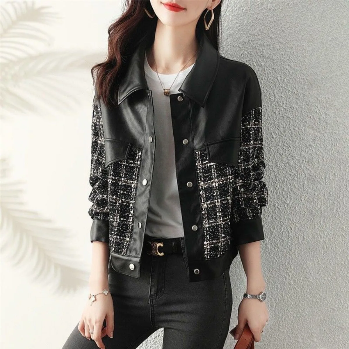 

Women Motorcycle Leather Jacket PU Leather Splicing Tweed Jacket Long Sleeve Cropped Tops Single-breasted Coat Korean Streetwear