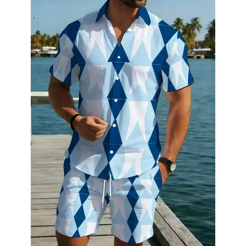 Men's Geometric Print Short Sleeve Shirt and Shorts Set，Lightweight polyester summer beachwear，Blue and white patterned casual w