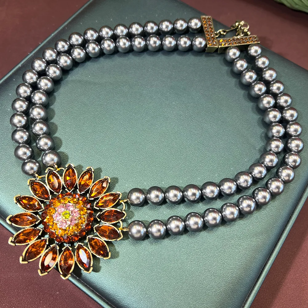 Sun Flowers Earrings for Women 12mm glass pearl Necklace Hyperbole Vintage Palace Style Sunflower Jewelry set Aretes De Mujer
