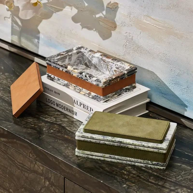 Home decoration leather storage box with clock rectangle multi-function office storage, suitable for home and office use