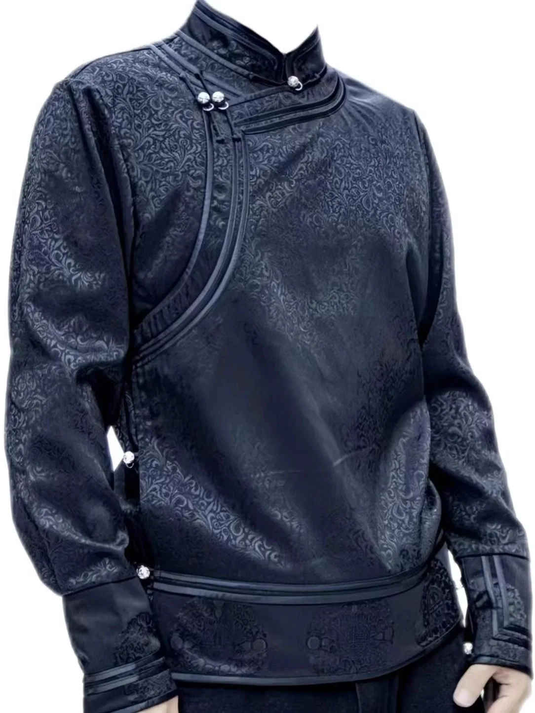 Men's Fashionable Silver Buckle Embroidered Top Coat Versatile Autumn Trendy Loose Fit Short Sleeve Stand Collar Shirt