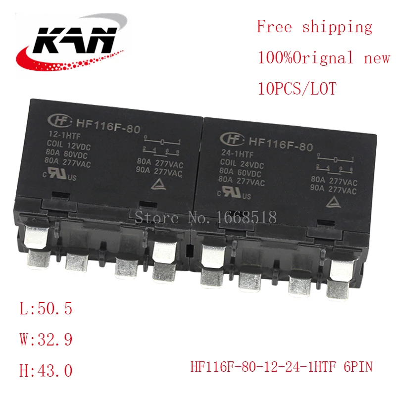 

Free shipping 10pcs relay HF116F-80-12-1HTF HF116F-80-24-1HTF 12VDC 24VDC 80A 277VAC 6PIN Original New