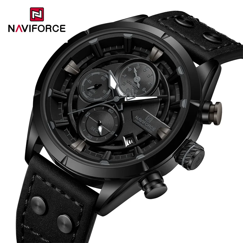 NAVIFORCE Men Watch Waterproof Genuine Leather Strap Military Sport 1/10 Second Chronograph Date Quartz Wristwatch Reloj Hombre