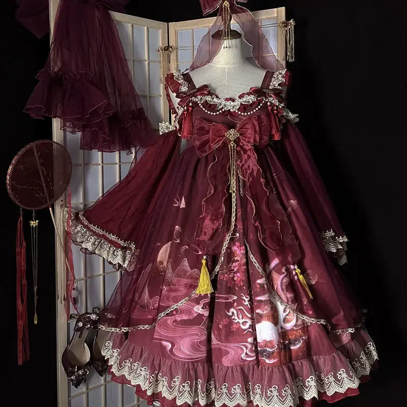 [나인테일 여우] 레드 중국 스타일 레트로 로리타 멜빵, JSK 빅토리아 티 파티 공주 원피스 고스 로리타