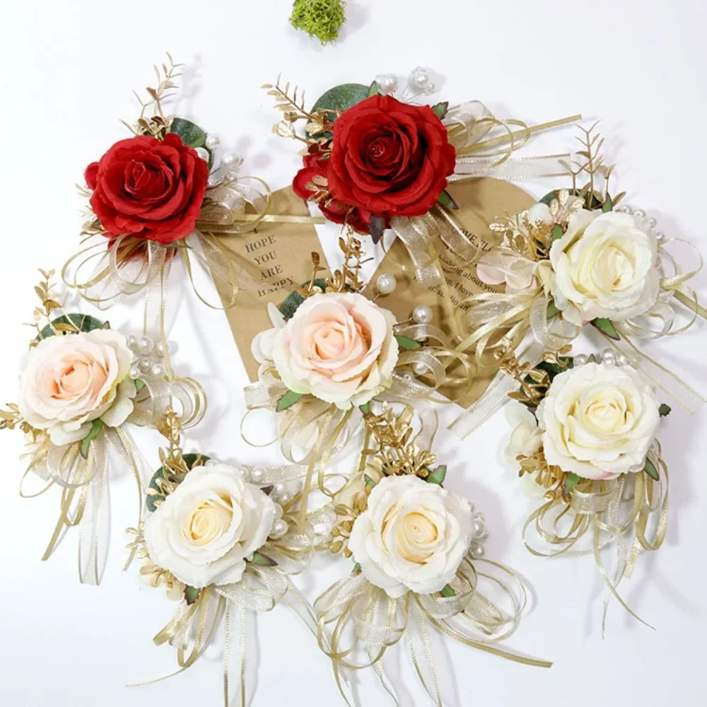 Exquisite Rose Flowers Boutonniere Groomsman Accessories Marriage Wrist Corsage Bridesmaid for Wedding