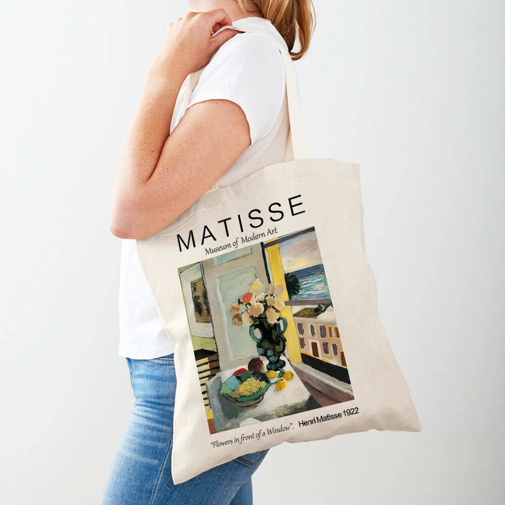 

Minimalist Matisse Print Women Shopping Bags Double Sided Eco Casual Canvas Shoulder Handbag Geometirc Lady Shopper Bag