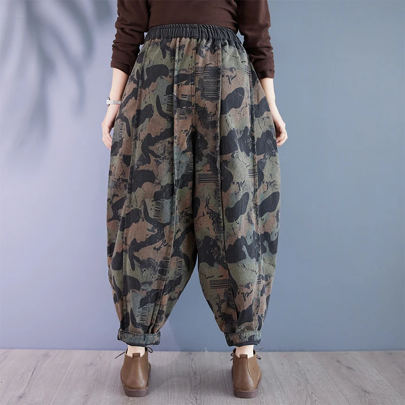 

Камуфляжные свободные прямые брюки-фонарики больших размеров, утягивающие шаровары для женщин больших размеров, весна-осень, новый Sle