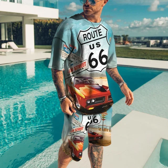 Casual Fashion 3D Men's T-Shirt Suit Sportswear Men's Oversized Clothing T-Shirt Shorts Suit Men's T-Shirt Suit Hawaii Beach