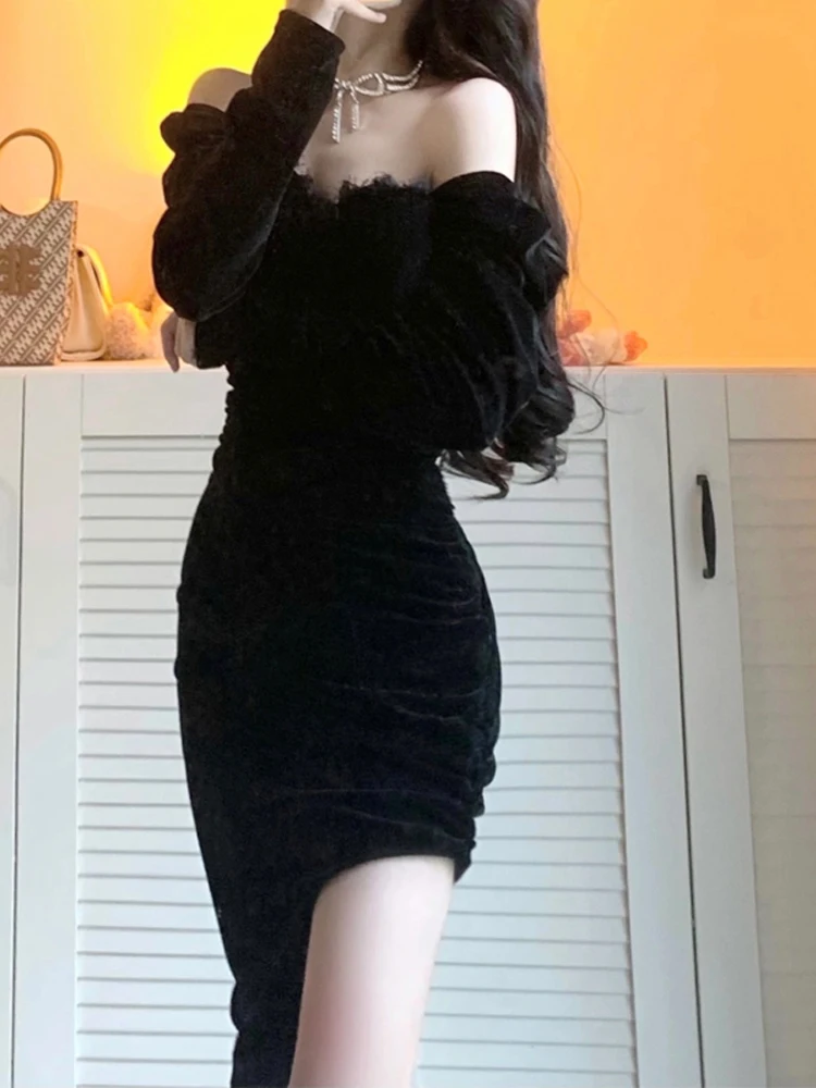 

Вечернее платье Hebe Sle Velvet One-Shoulder для женщин: сексуальное, повседневное, с высокой талией, длинным рукавом, средней длины