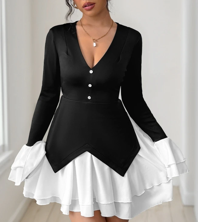 

Fashionable and elegant women's temperament long sleeved contrasting pleated dress, new for spring/summer 2025