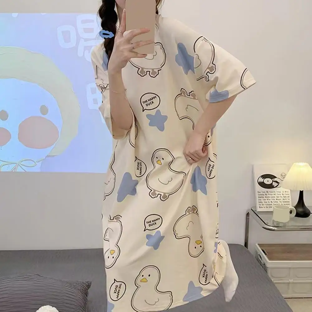 Homewear Dress Women Nightgown Cartoon Print Women\'s Summer Nightgown O Neck Loose Pullover Dress for Lady Sleepwear Knee Length