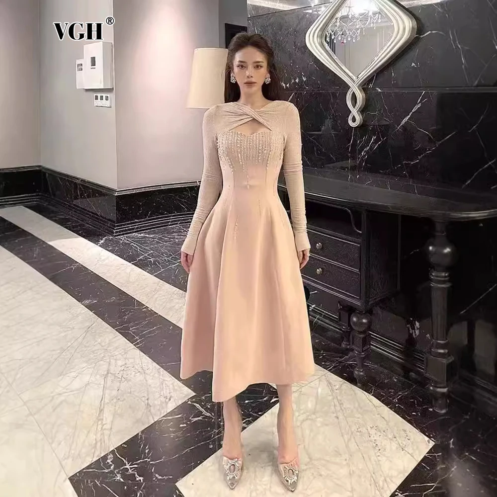 VGH Elegant Spliced Pearls Solid Dresses for Women Round Neck Long Sleeve High Waist Hollow Out Temperament A Line Dress Female