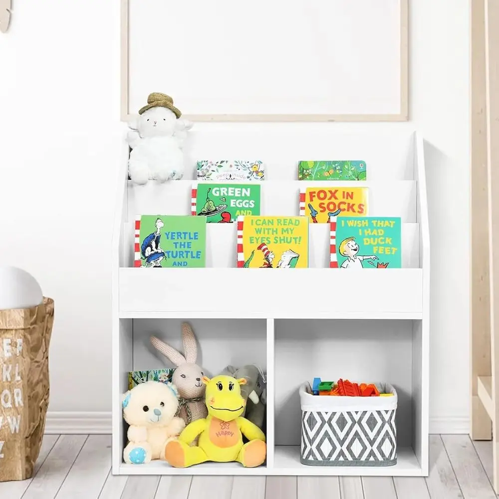 Kids Bookshel, Wooden Toy Storage Cabinet Organizer w/Shelves, 2 Large Cubes & Anti-Tipping Devices, Children Bookcase Display S