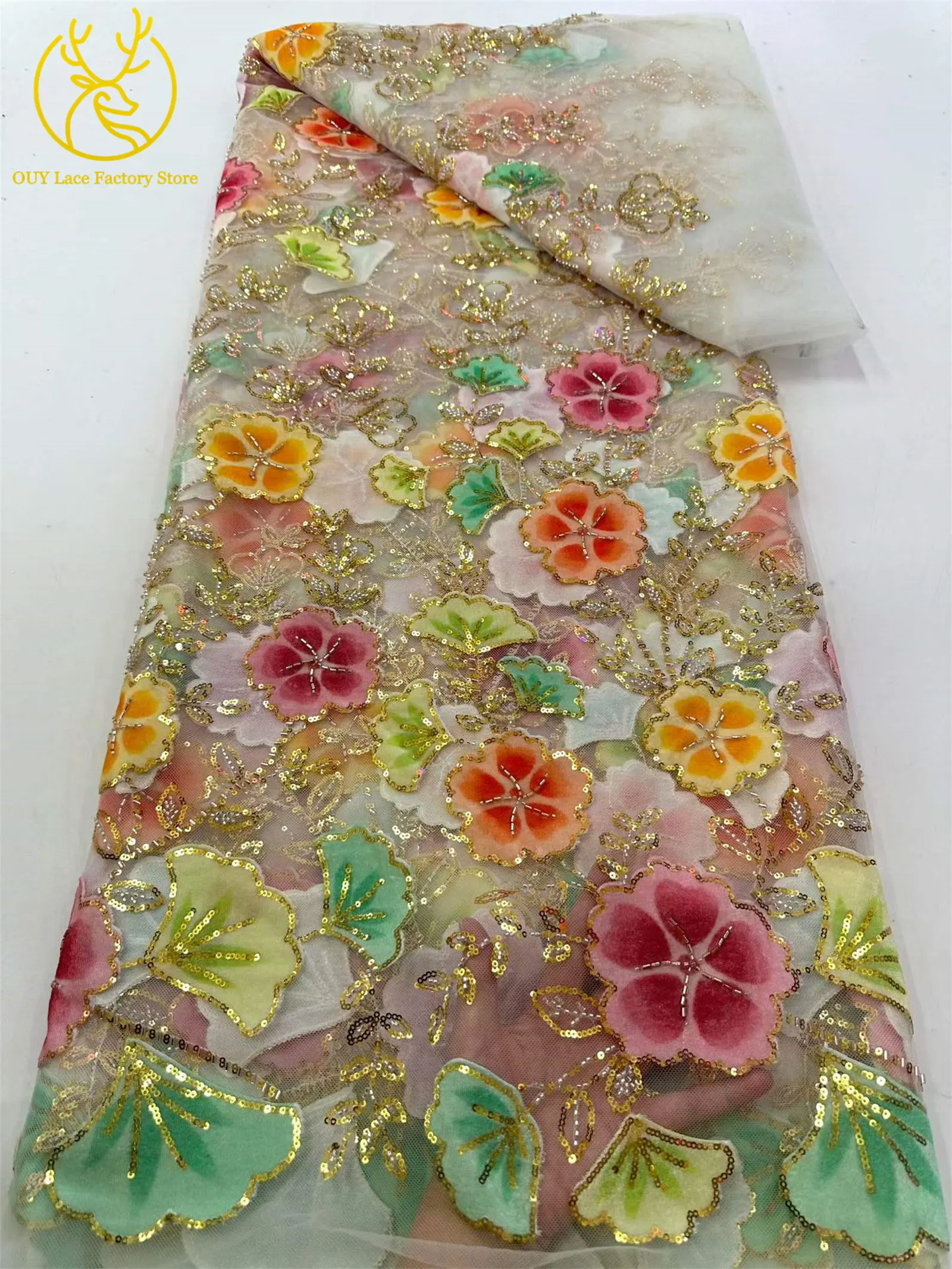 Nigerianischer eleganter Perlen-Blumen-Spitzenstoff, 5 Yards, modischer französischer Spitzenstoff mit goldenen Pailletten für Brautkleider zum Nähen – Detail 15