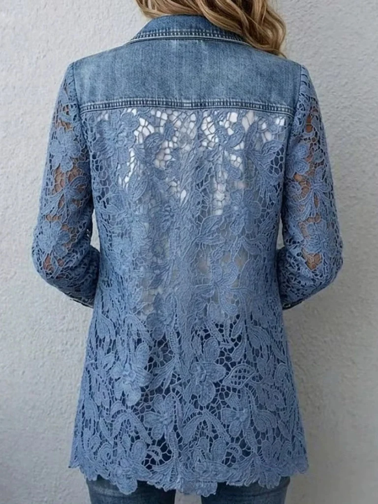 Vintage Hollow Out Floral Lace Spliced Denim Jacket Women Notched Lapel Single Button Long Sleeve See Through Casual Blazer Coat